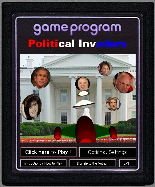 main menu of political invaders. looks like a game cartridge